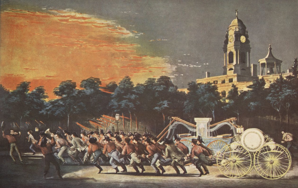 A vida de um bombeiro - a corrida, pub. 1854, Currier & Ives de American School