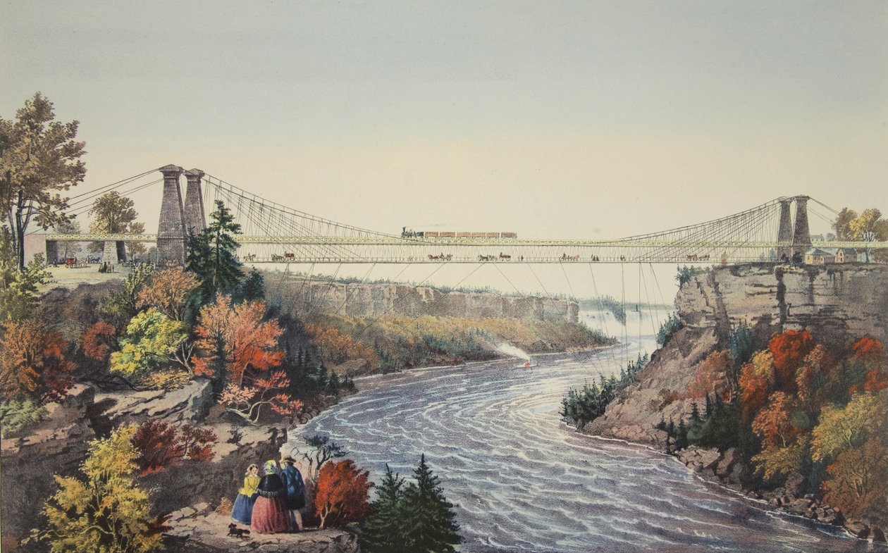 A Ponte Suspensa da Estrada de Ferro, Perto das Cataratas do Niágara, 1856, Currier & Ives de American School