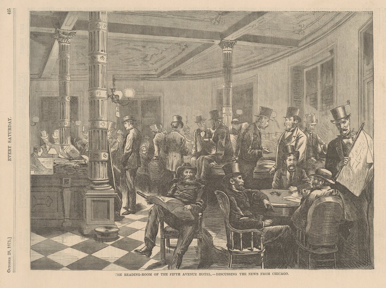 A Sala de Leitura do Fifth Avenue Hotel em Nova York - Discutindo as notícias de Chicago, ilustração de Every Saturday, 1871 de American School
