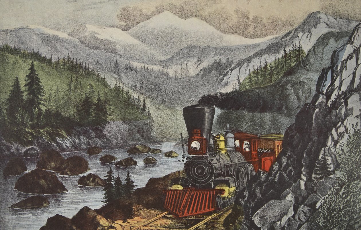 A rota para a Califórnia, Truckee River, Sierra Nevada, pub. 1871, Currier & Ives de American School