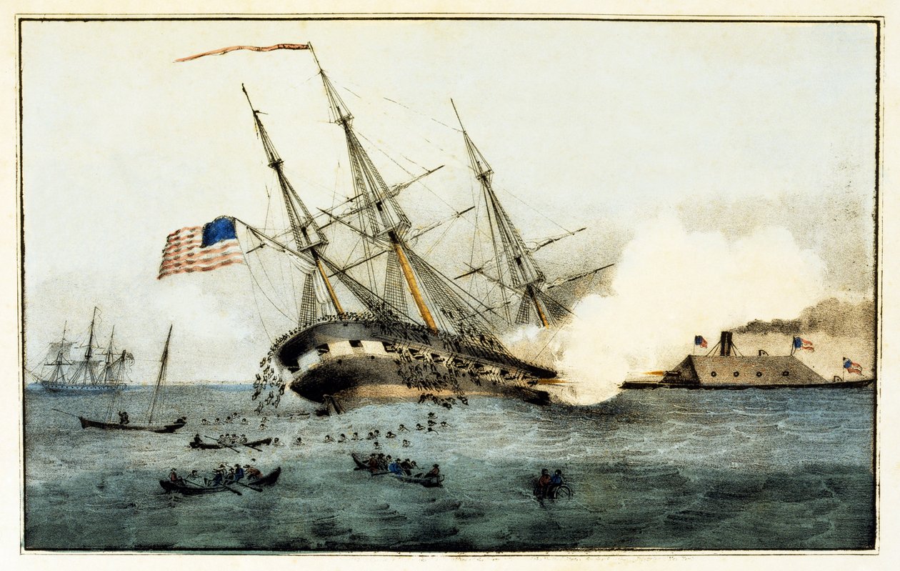 O naufrágio do Cumberland pelo Iron Merrimac Clad, ao largo de Newport News, Virgínia, 8 de março de 1862, pub. 1862 de American School