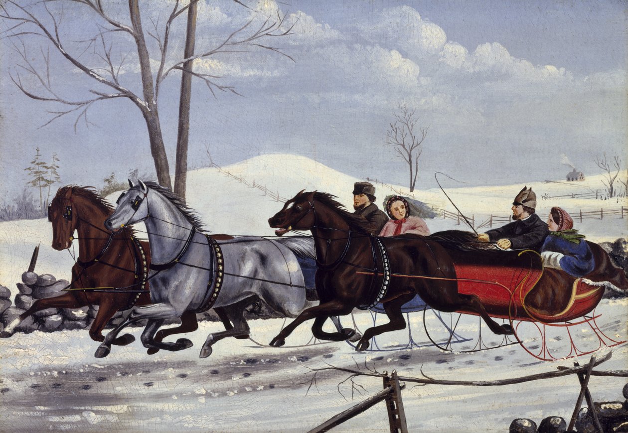 A corrida de trenó, c.1865 (óleo em papelão) de American School