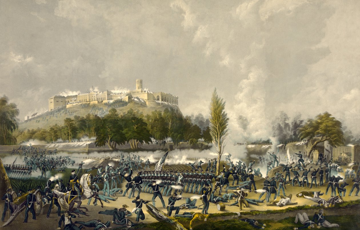 O Assalto de Chapultepec, 13 de setembro de 1847, pub. 1848 (lito colorido) de American School