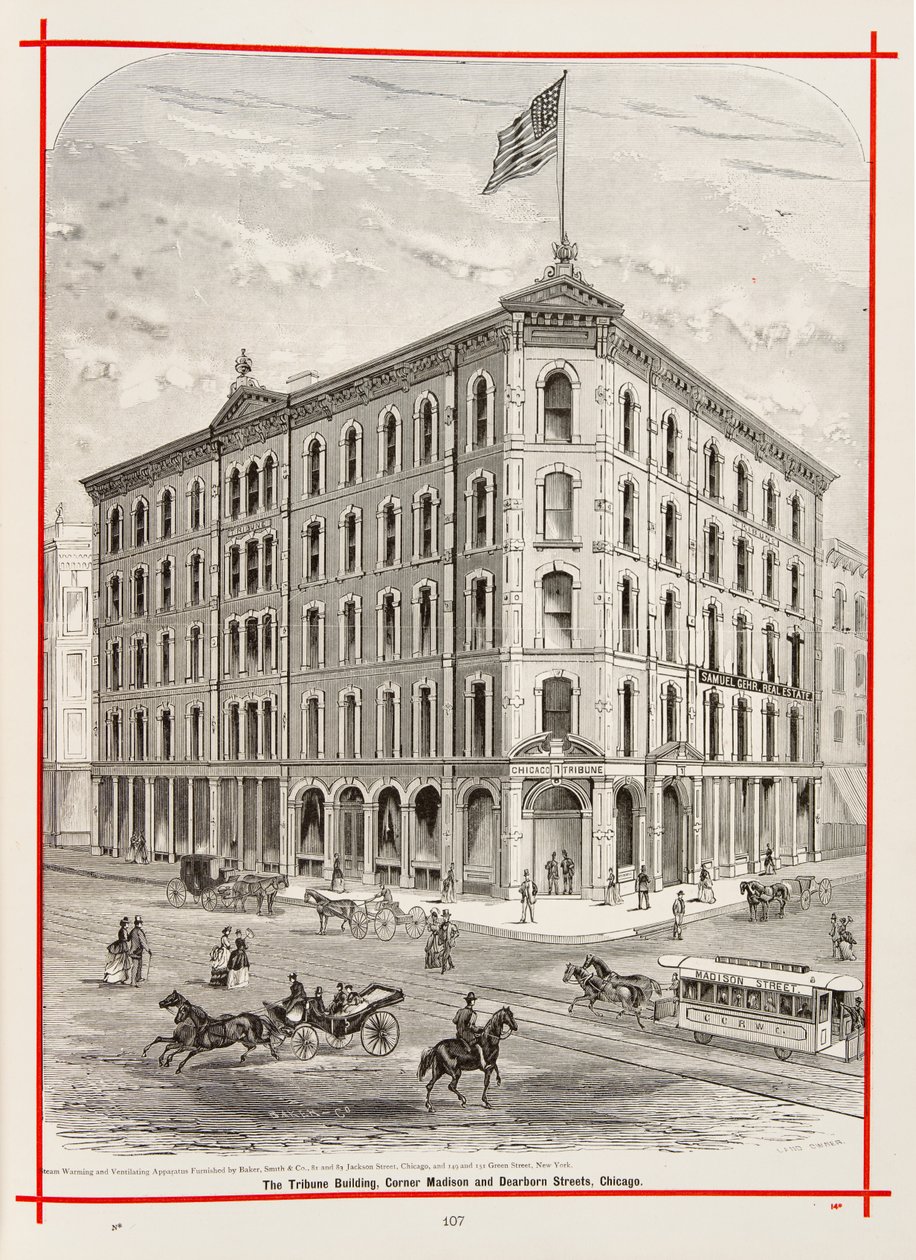 O Tribune Building, na esquina das ruas Madison e Dearborn, Chicago, Ilustração em The Merchants and Manufacturers, de Chicago Illustrated, 1873 de American School