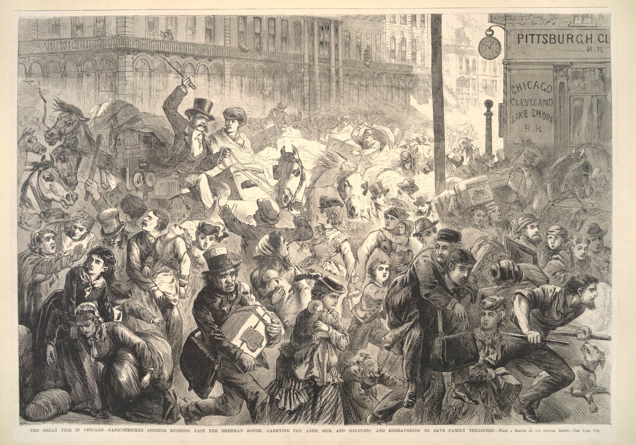 O grande incêndio em Chicago: cidadãos em pânico passando pela Casa Sherman, ilustração de Frank Leslies Illustrated Newspaper, 1871 de American School