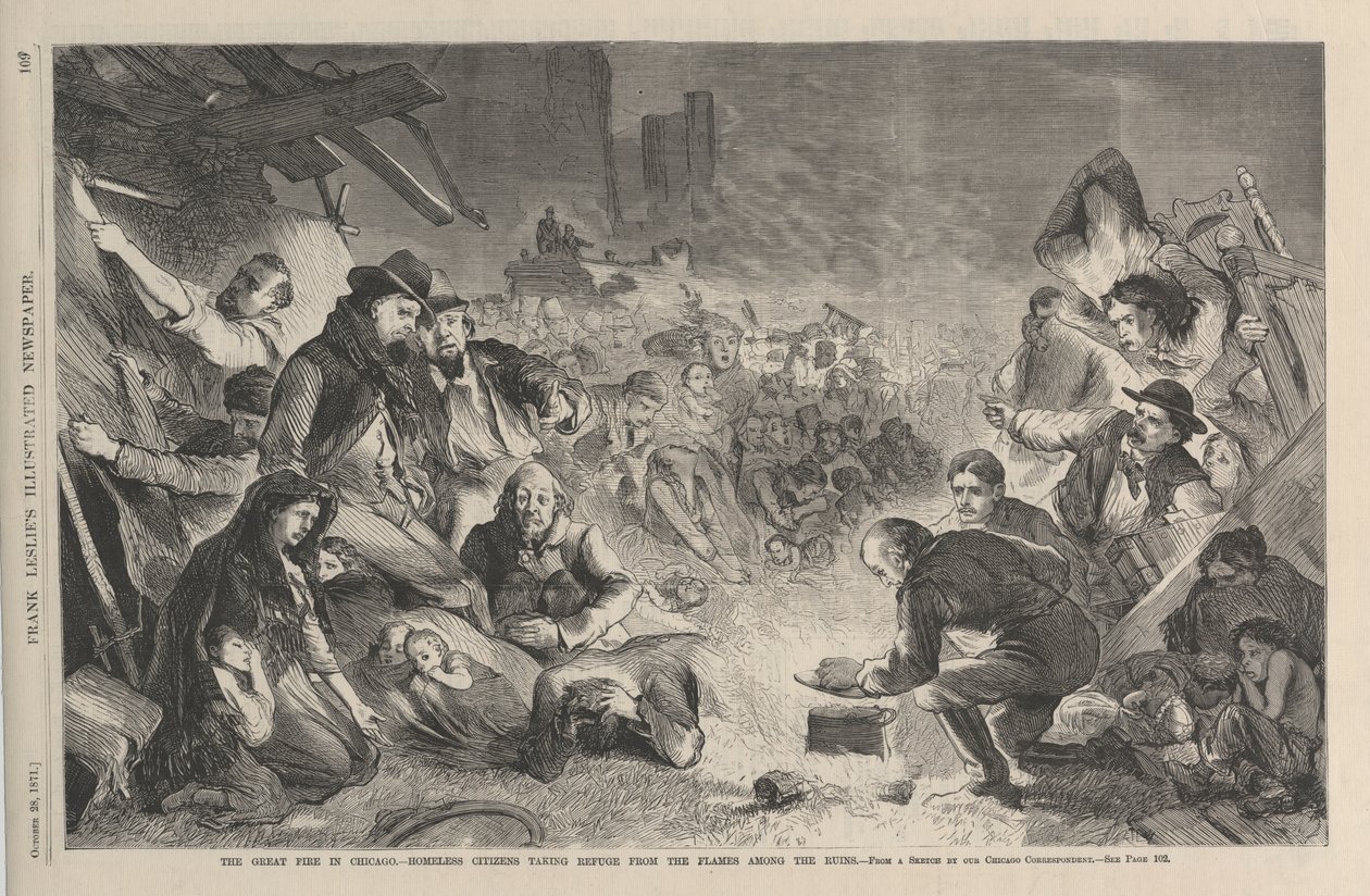 O grande incêndio em Chicago - cidadãos desabrigados refugiando-se das chamas entre as ruínas, ilustração de Frank Leslies Illustrated Newspaper, 1871 de American School