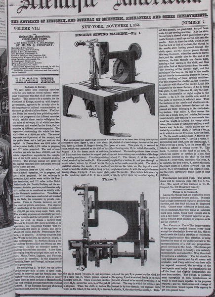 O modelo original da máquina de costura de Isaac Merrit Singer (1811-75) de The Scientific American, 1º de novembro de 1851 de American School