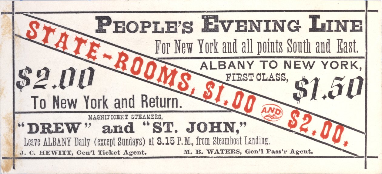 Bilhete para a Linha da Noite dos Povos, Albany para Nova York, reto (gravura [bilhete]) de American School