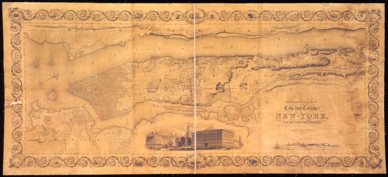 Mapa topográfico da cidade e do condado de Nova York, e do país adjacente: com vistas na fronteira dos principais edifícios, e interessante cenário da ilha gravada e impressa por S. de American School