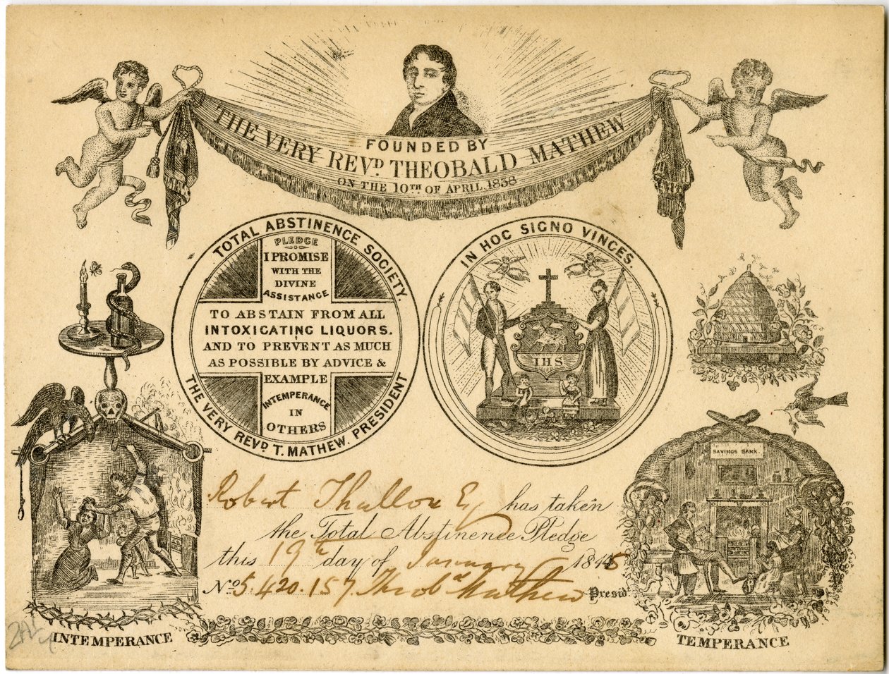 Cartão Pledge Total Abstinence Plust Society para Robert Thallow, 1845 de American School