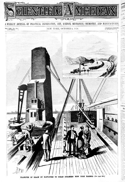 Transferência de grãos por elevadores para navios a vapor oceânicos, ilustração da capa do Porto de Nova York da Scientific American, 4 de outubro de 1879 de American School