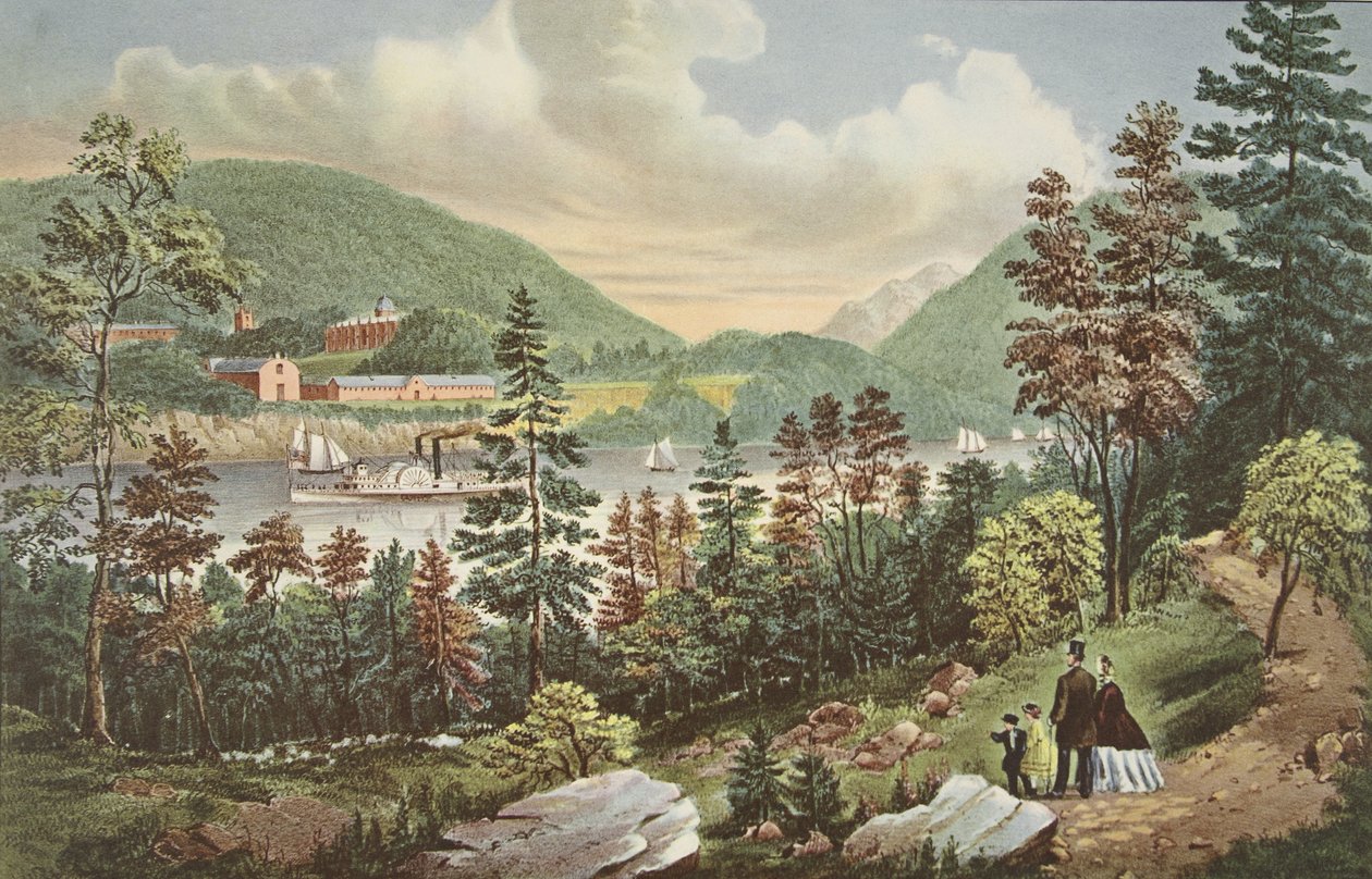 Academia Militar dos EUA - West Point, do lado oposto da costa, pub. 1862, Currier & Ives de American School