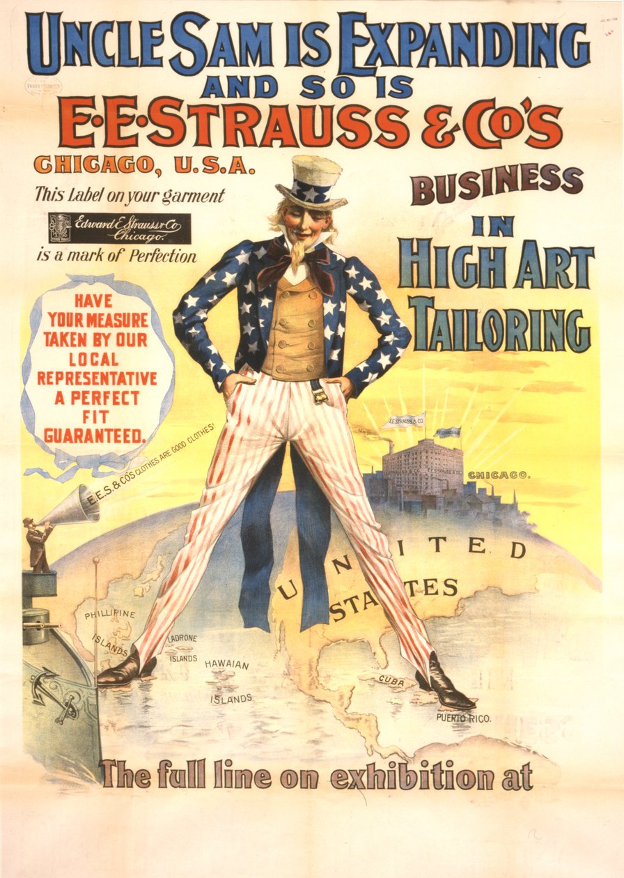 O tio Sam está se expandindo, e o mesmo se passa com os negócios da EE Strauss & Co. em alfaiataria de alta arte, c.1898 de American School