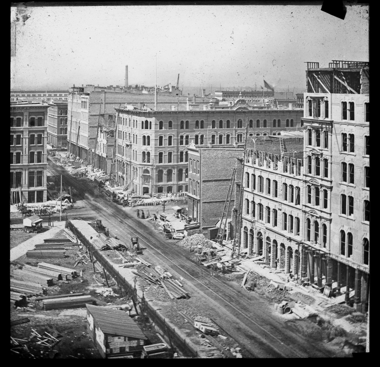 Vista da rua Randolph, a oeste do tribunal, após o incêndio de Chicago de 1871, 1871 de American School