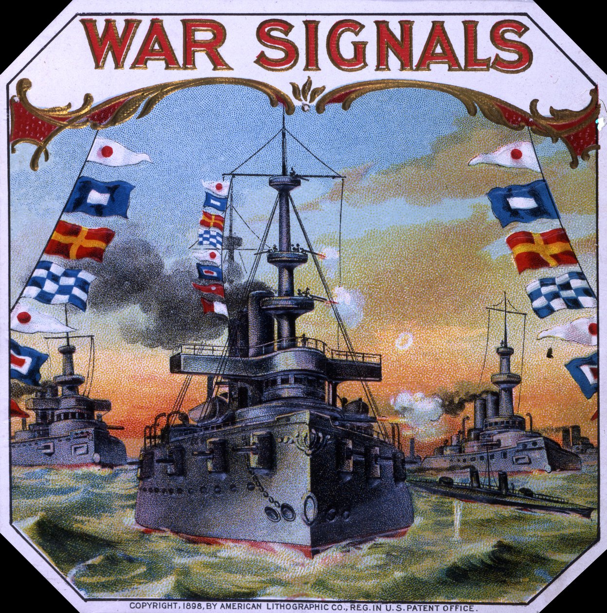 Etiqueta da caixa de charuto dos sinais da guerra, 1898 de American School