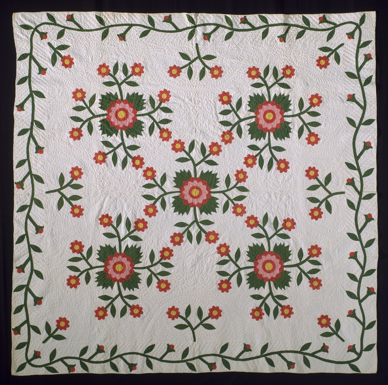 Edredão de apliques de superfície Whig Rose, c.1850-75 (algodão) de American School
