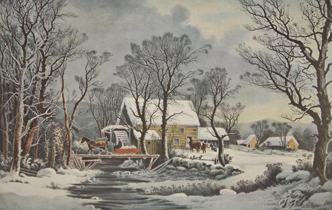 Inverno no País - The Old Grist Mill, pub. 1864, Currier & Ives de American School