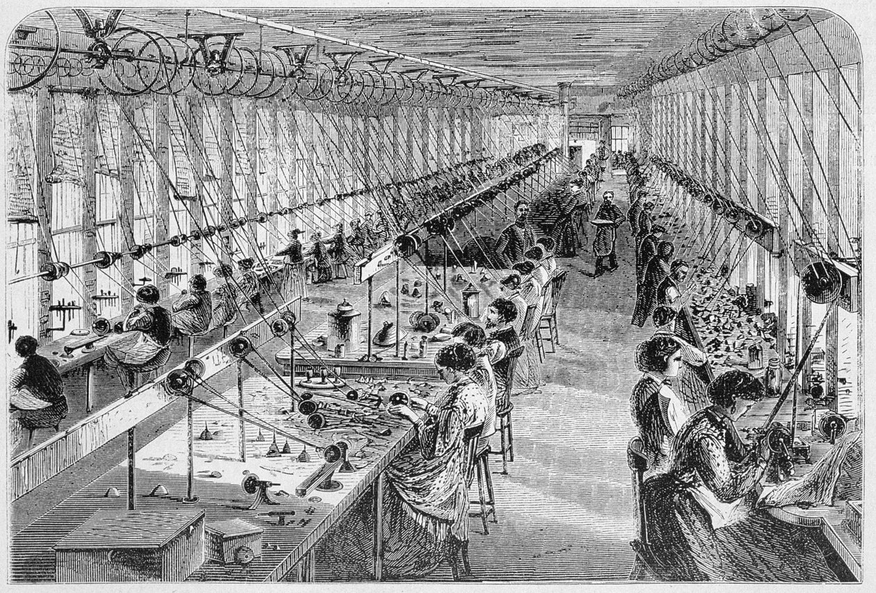 Mulheres em uma fábrica de relógios em Waltham, Massachusetts, 1870 (veja também 251300) de American School