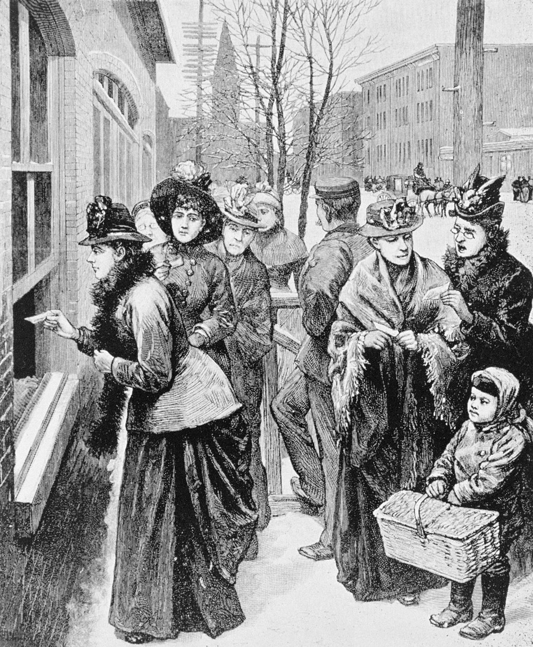 Mulheres alinhadas para participar de uma eleição, 1870 de American School