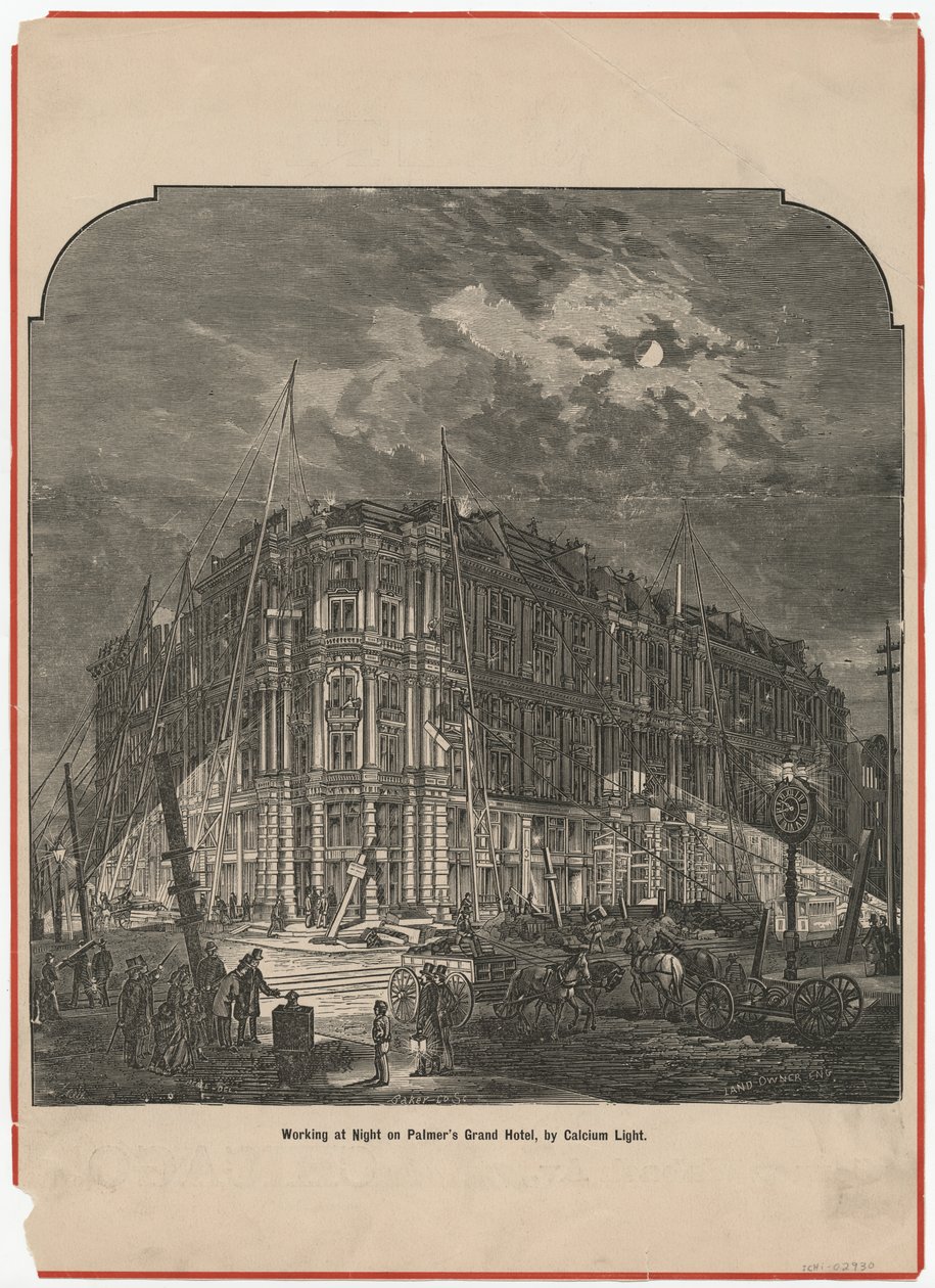 Trabalhando à noite no Palmers Grand Hotel by Calcium Light, ilustração do The Land Owner, c.1872 de American School