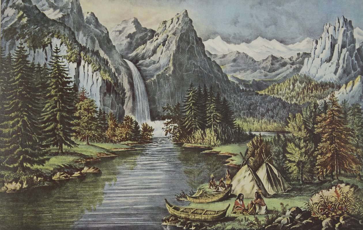 Vale de Yosemite - Califórnia, bar. 1866, O Bridal Veil Fall, Currier & Ives de American School