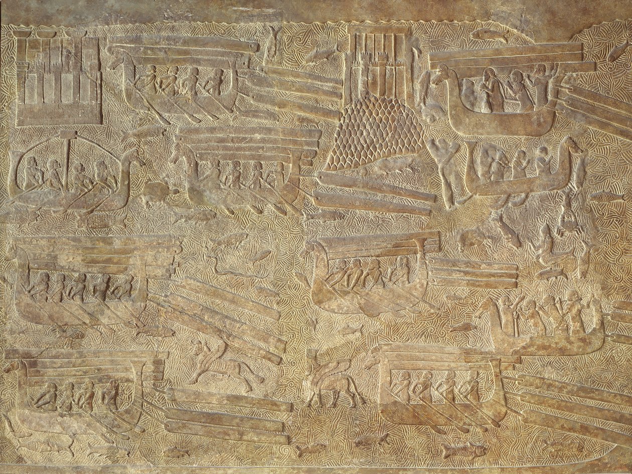 Relevo, descrevendo, transporte, madeira, mar de Assyrian