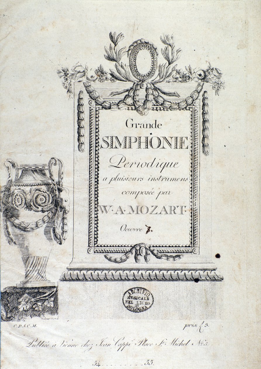 Frontispício da sinfonia n. 7 pelo compositor austríaco Wolfgang Amadeus Mozart (1756-1791). de Austrian School