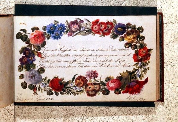 Frontispício de um livro de visitantes decorado com um epigrama em alemão rodeado por uma guirlanda de flores, datada de 1 de abril de 1813 (wc) de Austrian School