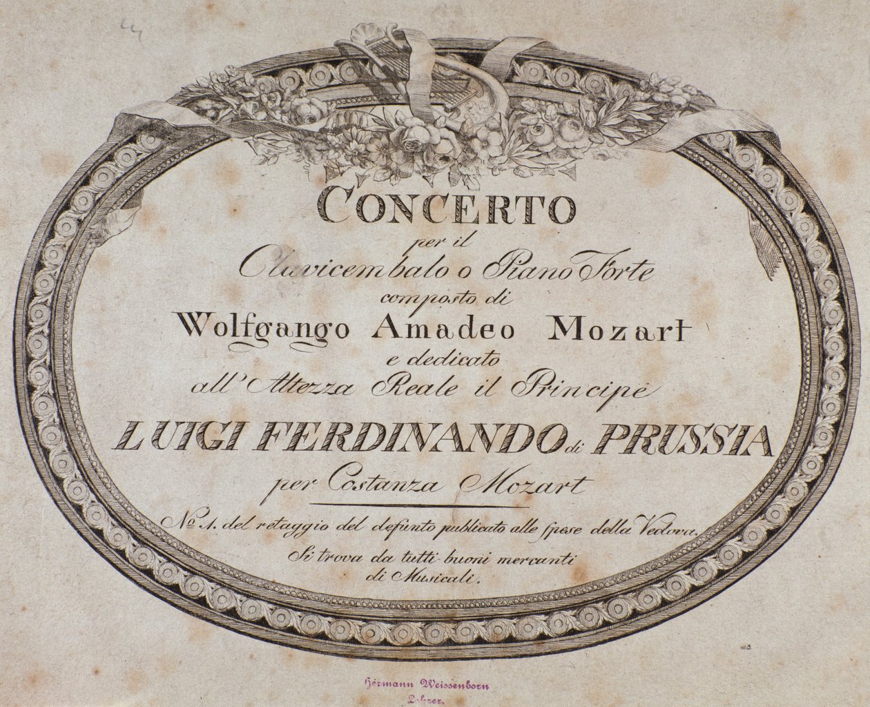 Frontispício da partitura musical de concerto para piano e cravo pelo austríaco compositor Wolfgang Amadeus Mozart (1756-1791). de Austrian School