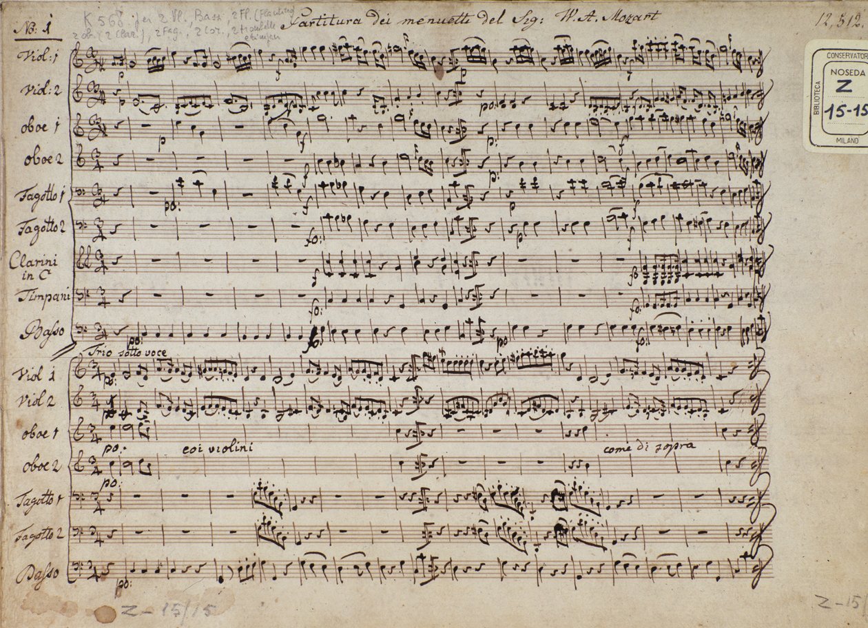 Página da partitura musical de minuetos em 5 cadências para piano, K 568 pelo austríaco compositor Wolfgang Amadeus Mozart (1756-1791) de Austrian School
