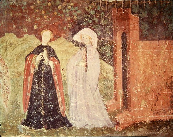 O mês de junho, detalhe de duas mulheres indo para uma caminhada, c.1400 de Bohemian School