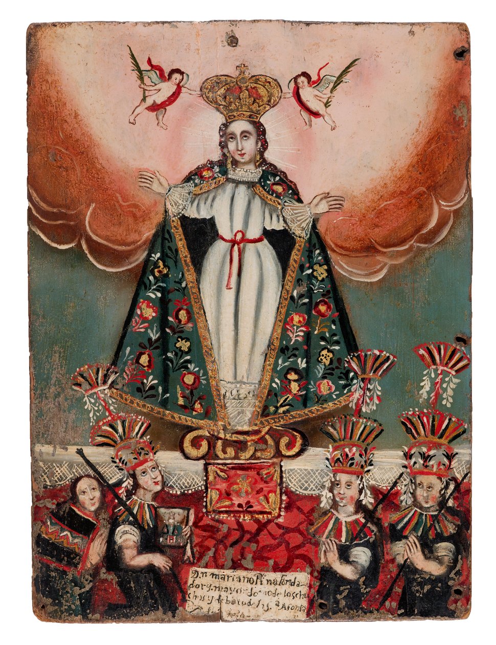 A Virgem Maria com doadores indianos, 1752 (óleo sobre painel de madeira) de Bolivian School