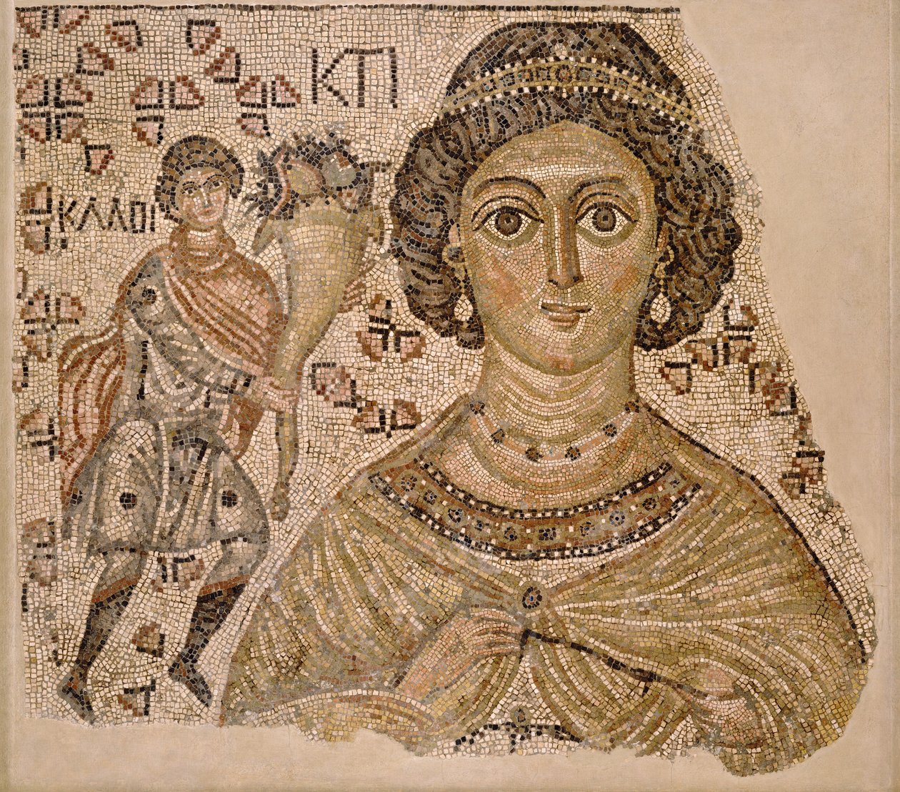 Fragmento de um mosaico de chão com uma personificação de Ktisis, 500-550 (mármore e vidro) de Byzantine School