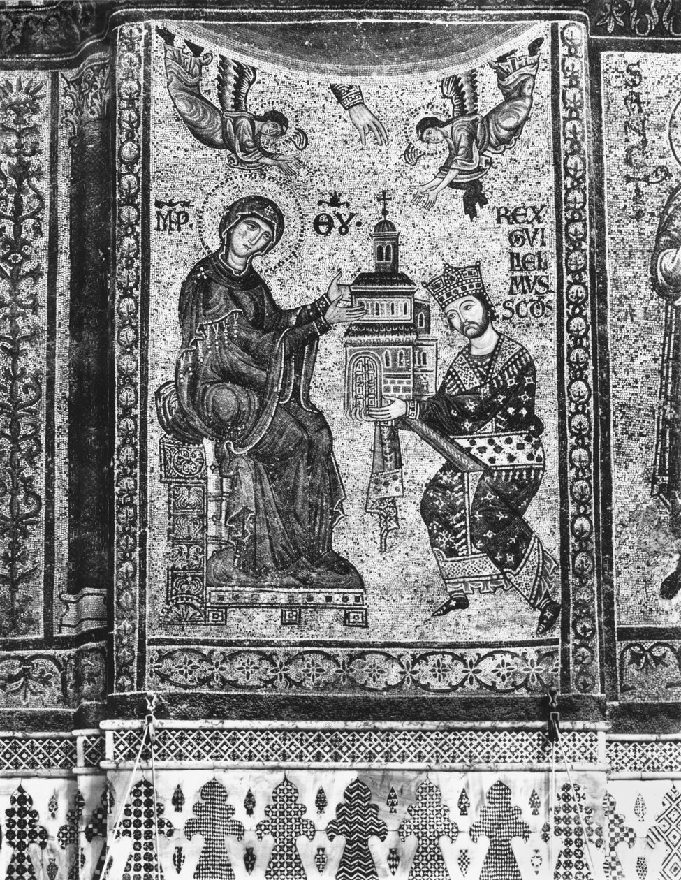O rei Guilherme II da Sicília oferece a Igreja de Monreale à Virgem (mosaico) de Byzantine School