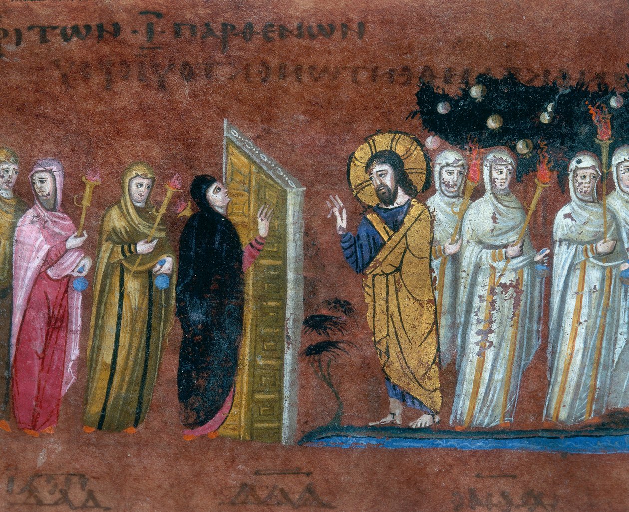 A parábola das dez virgens, detalhe da miniatura do Códice Purpureus Rossanensis, evangelistas gregos em miniatura provavelmente de Antioquia da Síria ou de Cesaréia da Palestina e mantidos no Di de Byzantine School