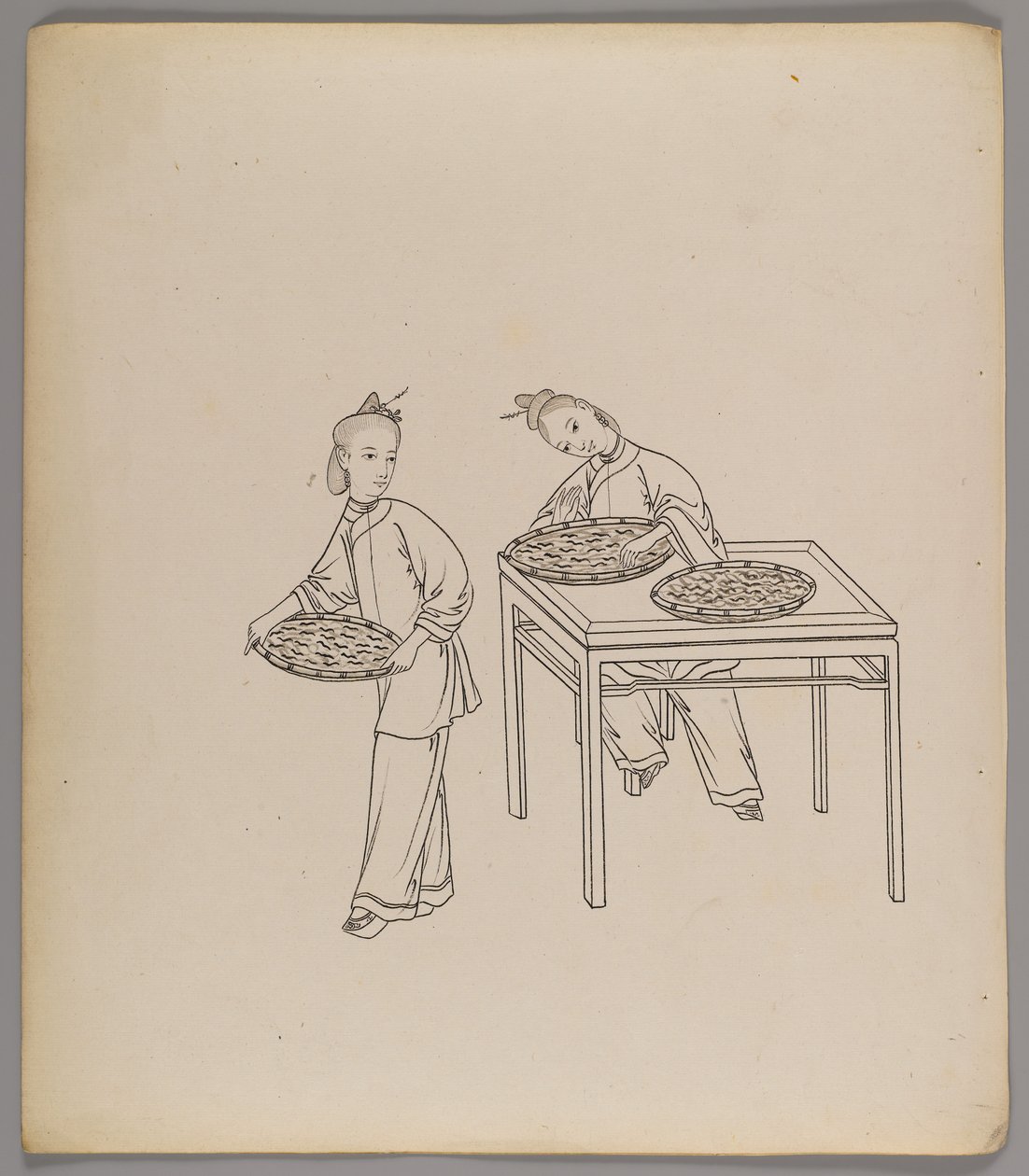 Álbum de folhas separadas: cultivo e produção de seda (tinta sobre papel) (ver também 499288-303) de Chinese School