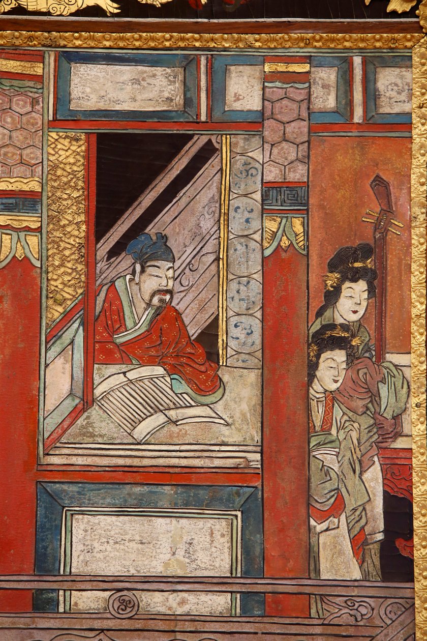 Painéis de madeira lacada Coromandel da China, detalhe, c.1730 de Chinese School