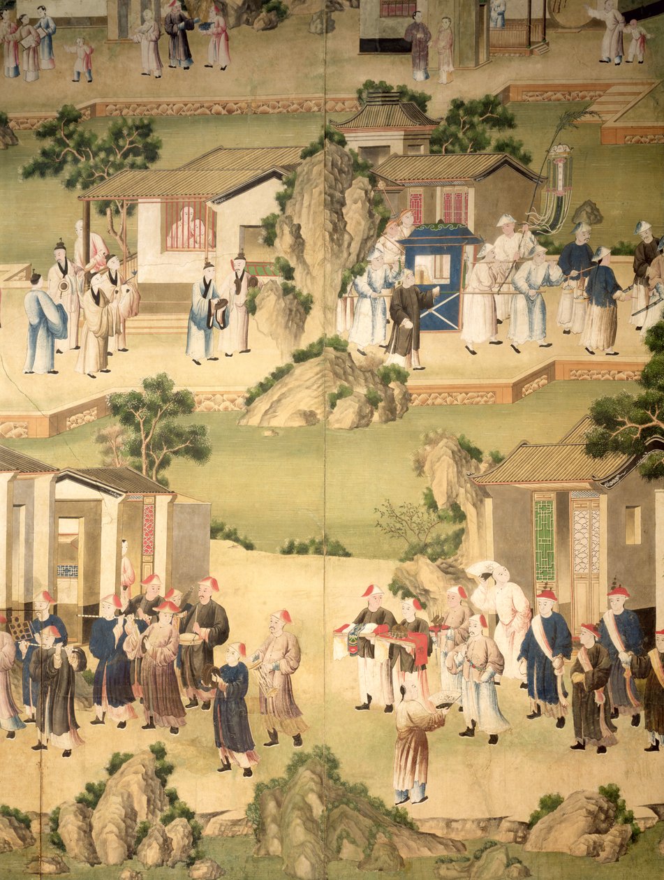 Detalhe do papel de parede representando uma procissão fúnebre, 1780 de Chinese School
