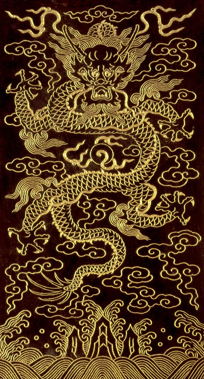 Dragão, capa do fim-fólio de um livro de 10 tabletes, A Canção da Tigela de Jade, escrita pelo Imperador Qianlong, 1745, Chinês (jade gravado e dourado) de Chinese School