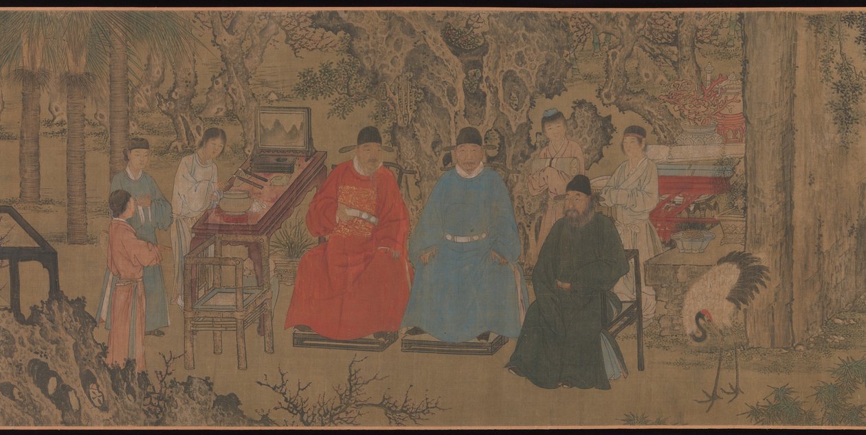 Recolhimento elegante no jardim do alperce, handscroll, c.1437 (tinta e cor na seda) de Chinese School