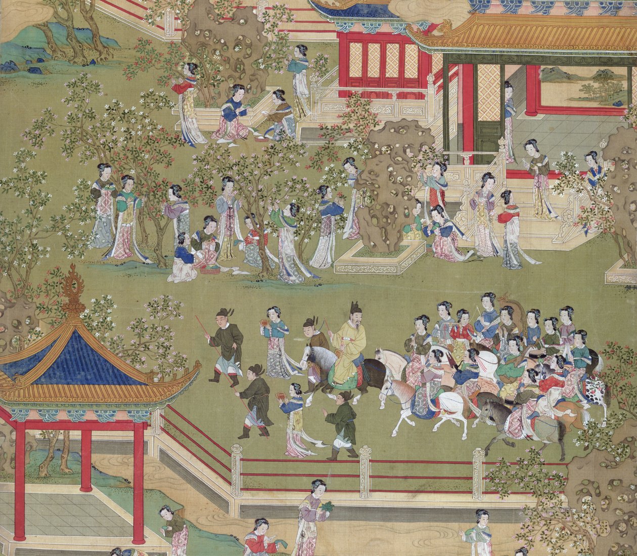 Imperador Yang Ti (581-618) passeando em seus jardins com suas esposas, de uma história de imperadores chineses (cor de seda) (detalhe de 39132) de Chinese School