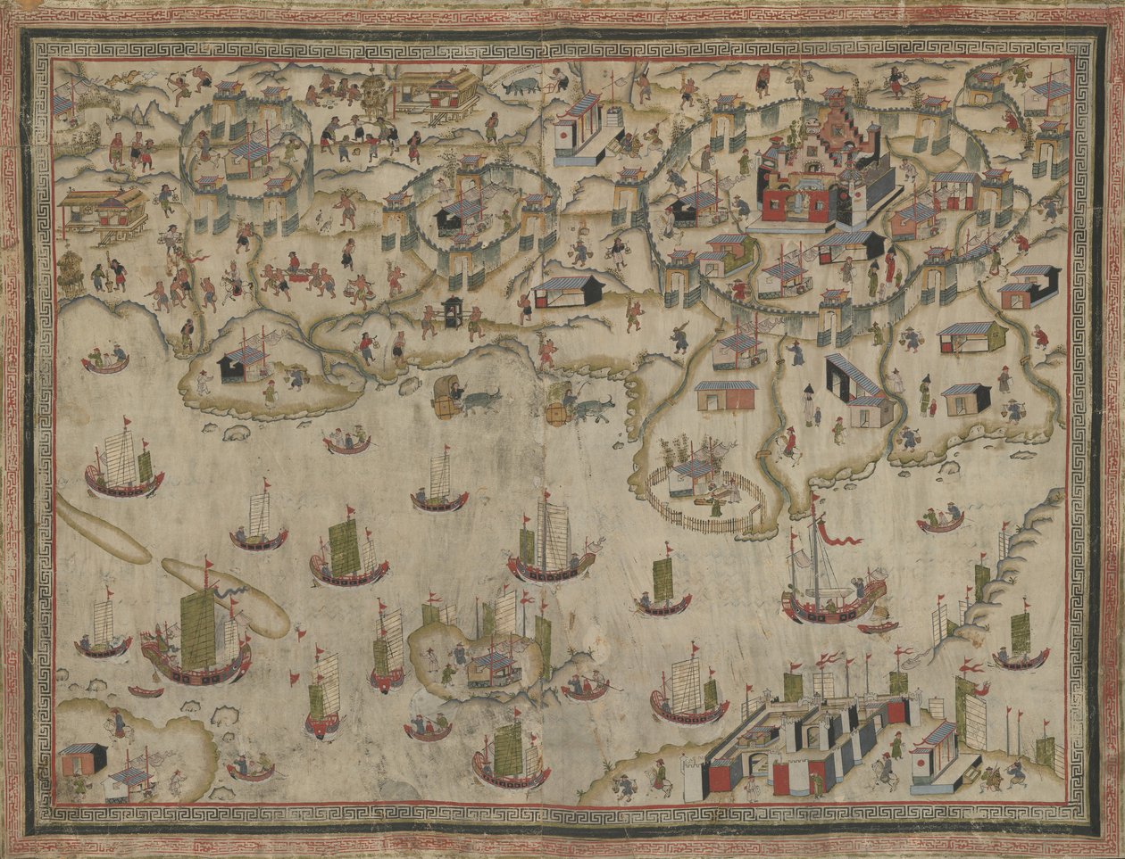 Fortes Zeelandia e Provintia e a cidade de Tainan, tapeçarias (tinta e cor de pele de camurça) de Chinese School