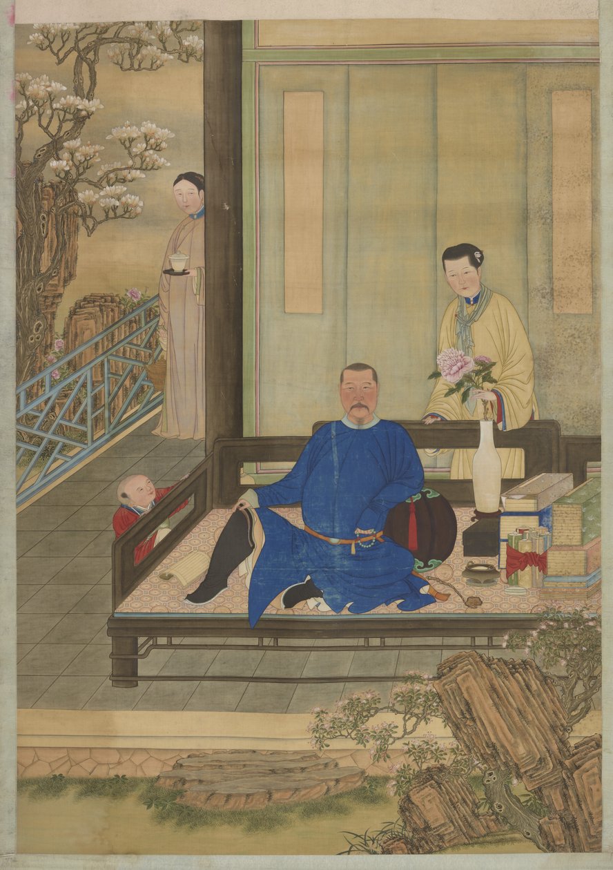 Retrato de um homem não identificado e seu filho, dinastia Qing (tinta & cor na seda) de Chinese School