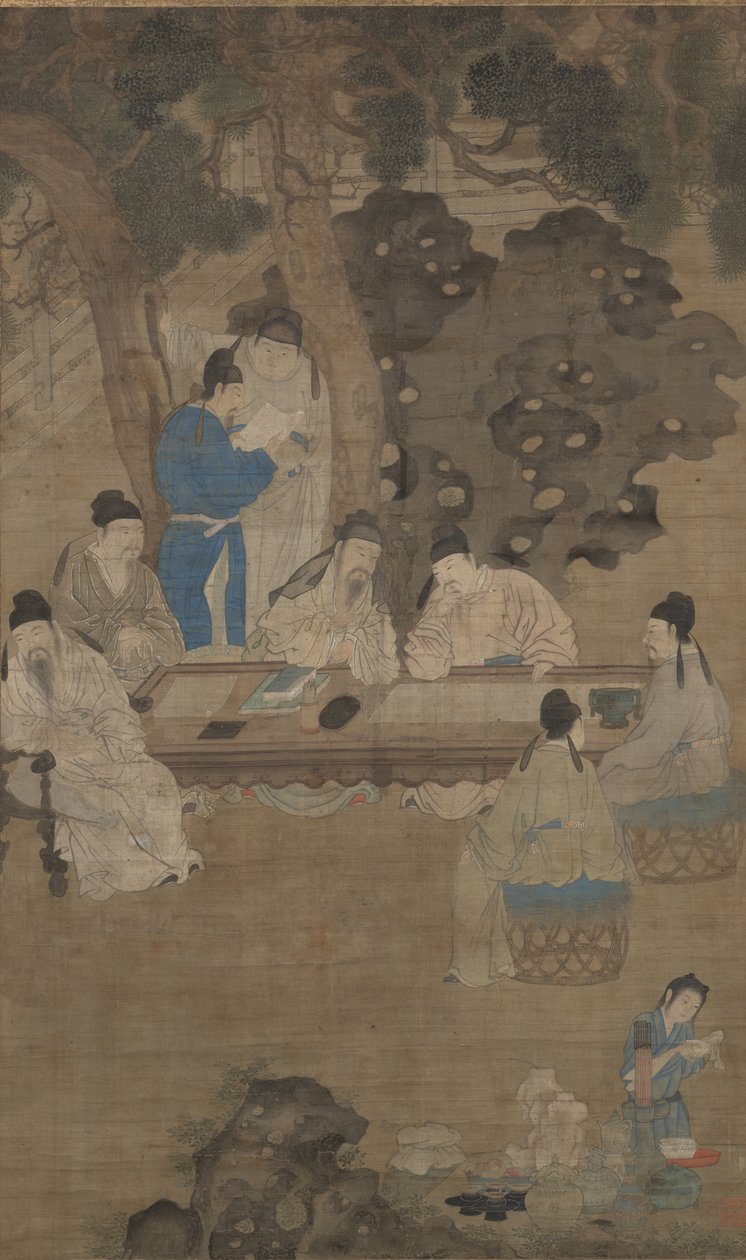 Os dezoito eruditos de Tang, do século XVII (tinta, cor e seda) de Chinese School