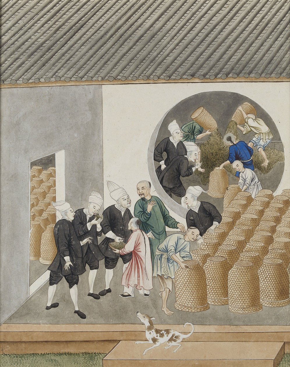Comerciantes Holandeses VOC da Turbanned cheiram chá para qualidade em um armazém de chá Canton (Guangzhou), c.1770 de Chinese School