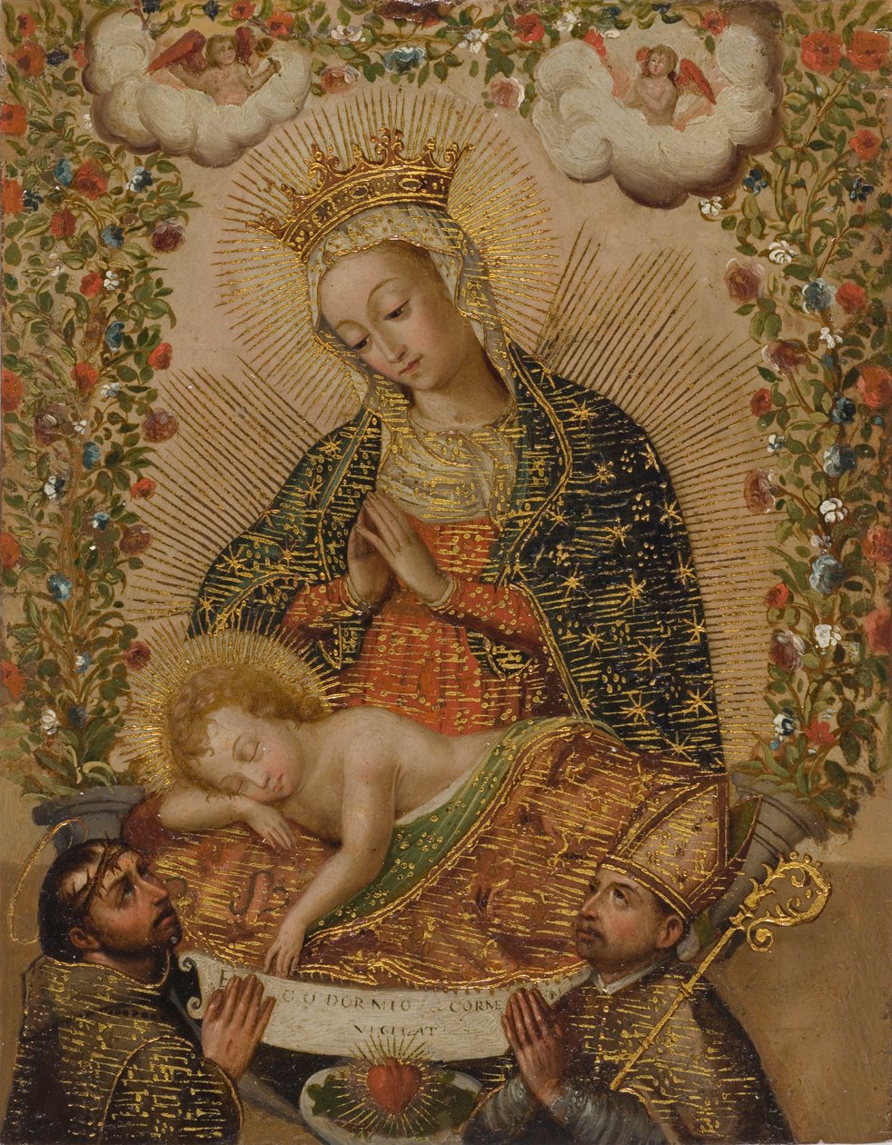 A Virgem Adoradora do Menino Jesus com Dois Santos, século XVIII (óleo com ouro em cobre) de Cuzco School