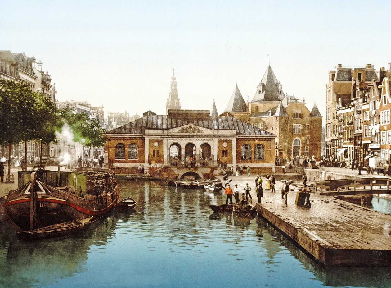 Fishmarket e Bourse, Amsterdã, Holanda, pub.c. 1900 (chromolirograph) de Dutch Photographer
