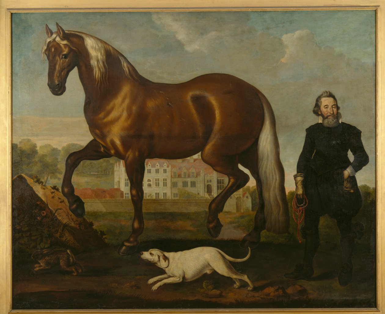 Um cavalo de baía com vista da Abadia de Welbeck - Frente Oeste, c.1630 de English School