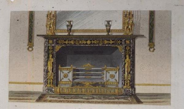 A Fire Place, prato 183 do Ackermanns Repository of Arts, publicado em 1828 de English School