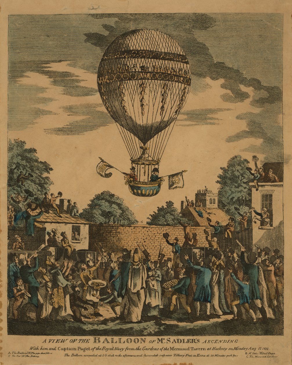 Uma vista do balão do Sr. Sadlers subindo com ele e o Capitão Paget da Marinha Real dos jardins da Mermaid Tavern em Hackney na segunda-feira, 12 de agosto de 1811 de English School